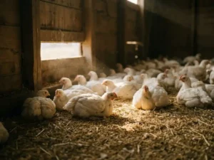 Witte vleeskuikens rustend op gouden houtkrullen in een schemering pluimveestal, met warm natuurlijk licht door een ventilatieopening.