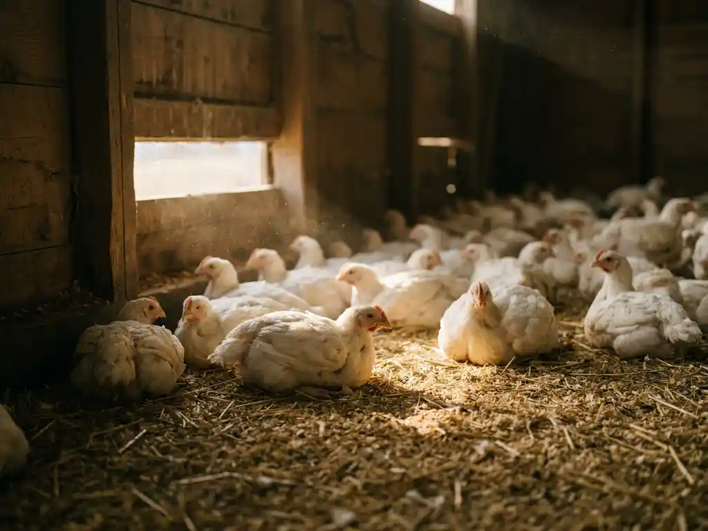 Witte vleeskuikens rustend op gouden houtkrullen in een schemering pluimveestal, met warm natuurlijk licht door een ventilatieopening.