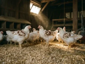 Vleeskuikens op verse houtkrullen in een pluimveestal, met warm amberkleurig licht door een ventilatieopening.