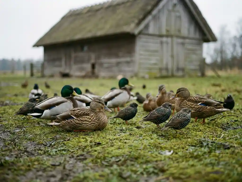 Wilde eenden en spreeuwen rustend op vochtig gras bij een Nederlandse boerderij met houten pluimveeschuur op de achtergrond.